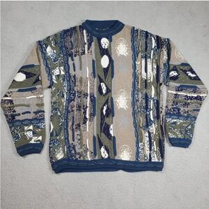 Vintage Bergati 3D Knit Sweater Mens Large Blue Grandpa Y2K Crosby Coogi Style